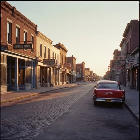 Restored street scene with a red car