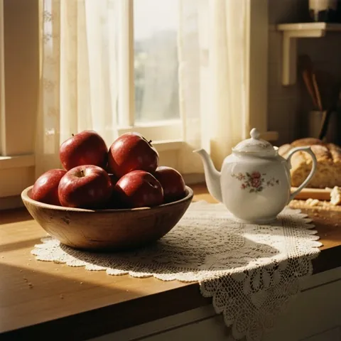 Restored still life of fruit by a window